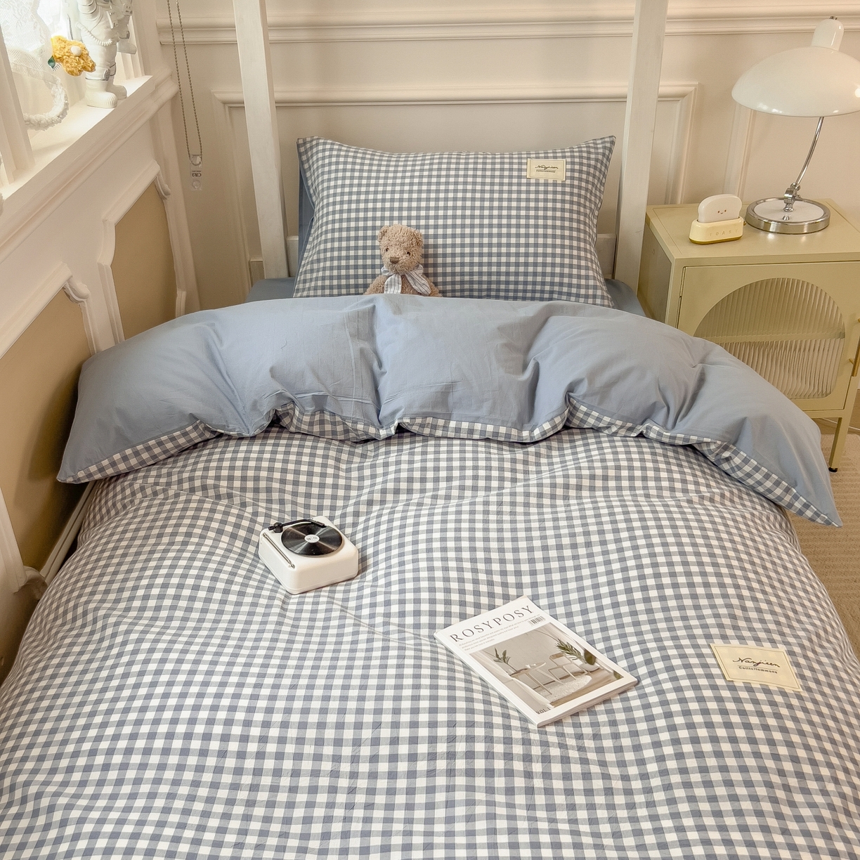 91家纺网 家纺一手货源 找家纺 梵克保罗 2025春夏新款水洗棉学生宿舍床单款床笠款三件套六件套大礼包学生季 天蓝小格