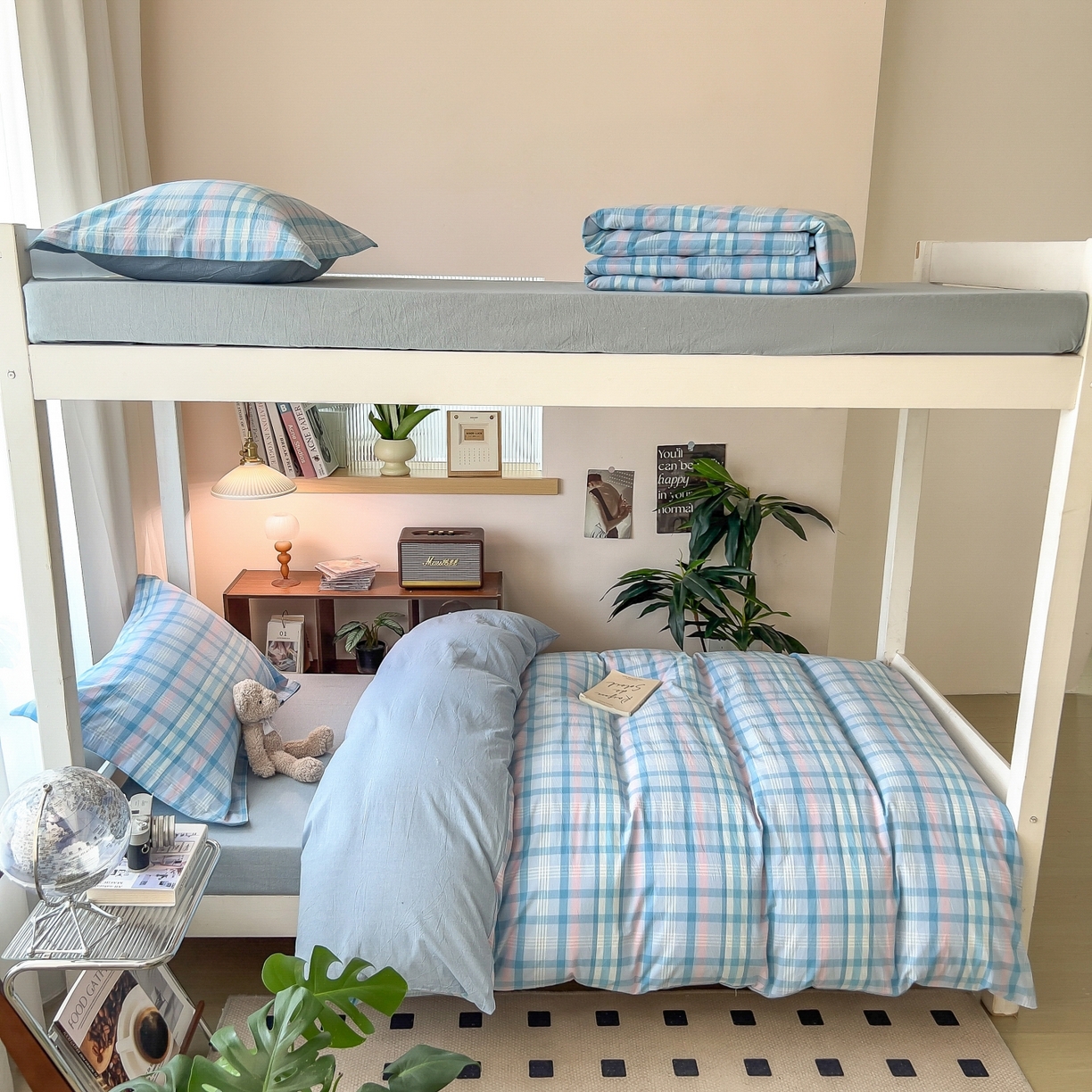 91家纺网 家纺一手货源 找家纺 梵克保罗 2025春夏新款水洗棉学生宿舍床单款床笠款三件套六件套大礼包学生季 英伦蓝