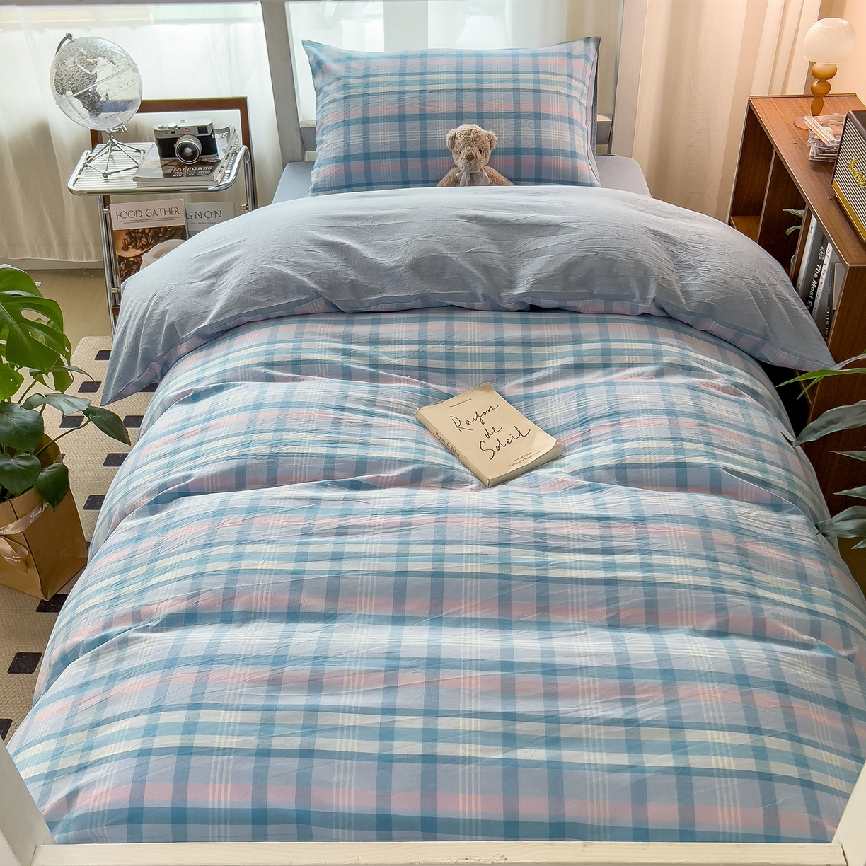 91家纺网 家纺一手货源 找家纺 梵克保罗 2025春夏新款水洗棉学生宿舍床单款床笠款三件套六件套大礼包学生季 英伦蓝