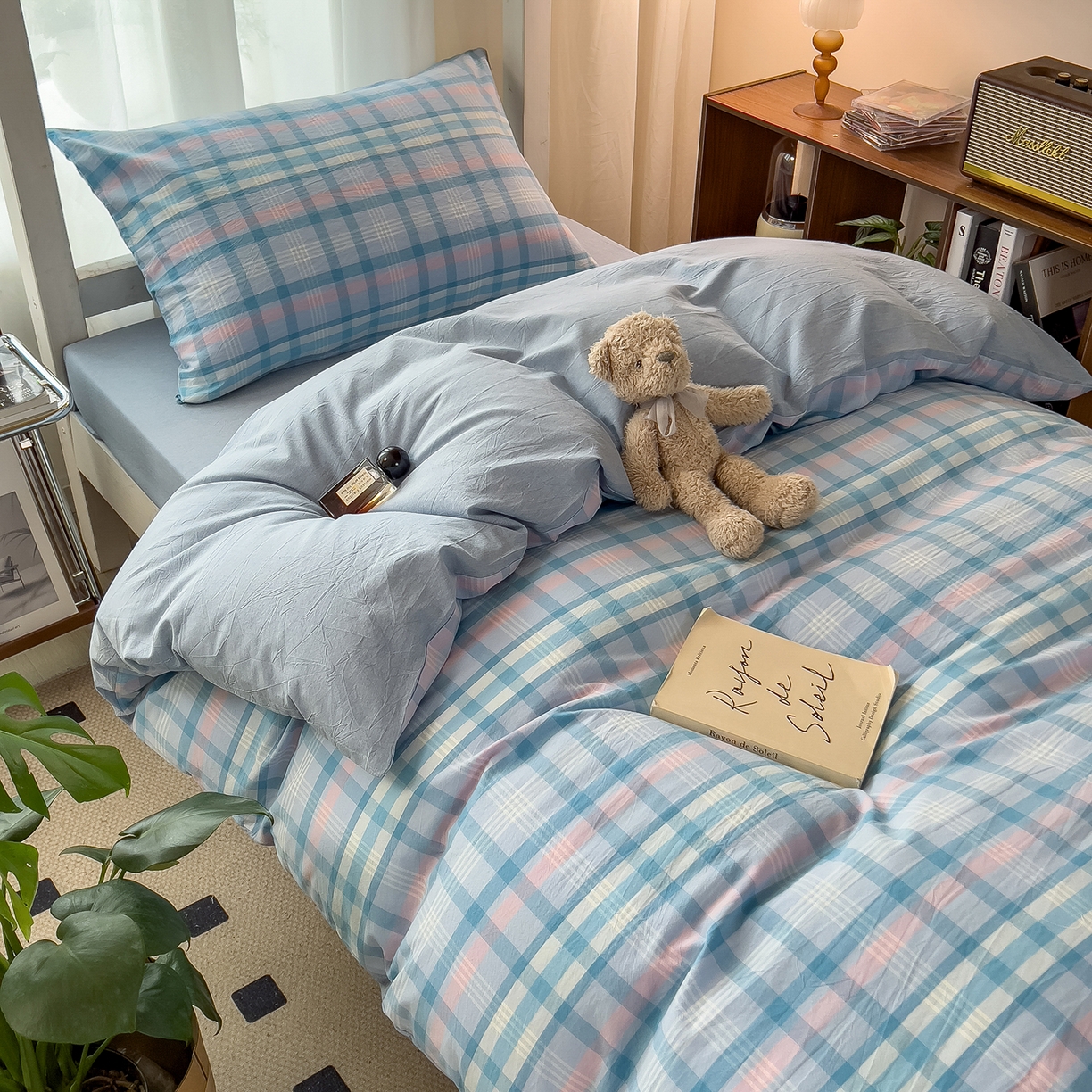 91家纺网 家纺一手货源 找家纺 梵克保罗 2025春夏新款水洗棉学生宿舍床单款床笠款三件套六件套大礼包学生季 英伦蓝