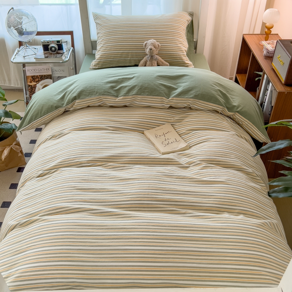 91家纺网 家纺一手货源 找家纺 梵克保罗 2025春夏新款水洗棉学生宿舍床单款床笠款三件套六件套大礼包学生季 小绿条