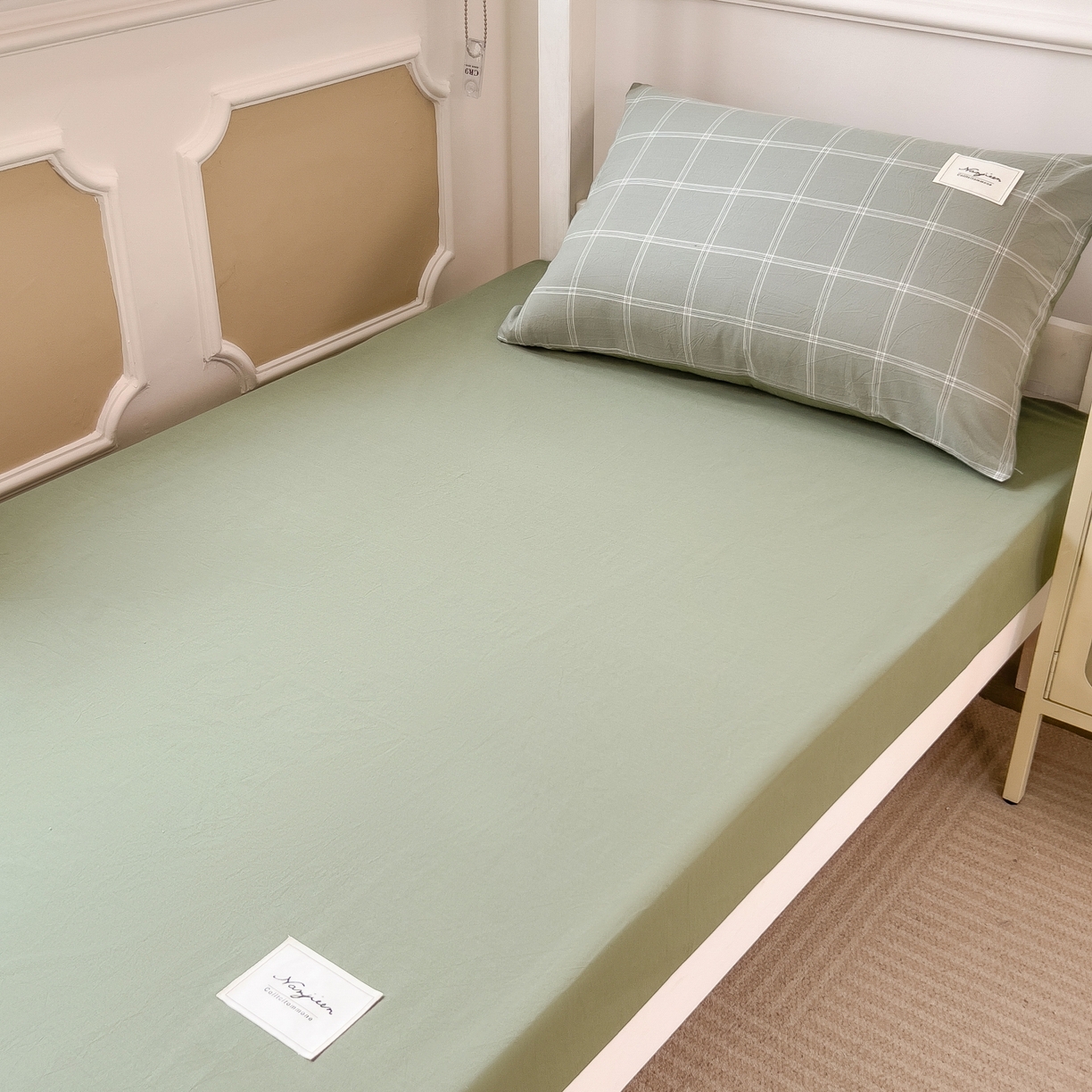 91家纺网 家纺一手货源 找家纺 梵克保罗 2025春夏新款水洗棉学生宿舍床单款床笠款三件套六件套大礼包学生季 格韵绿