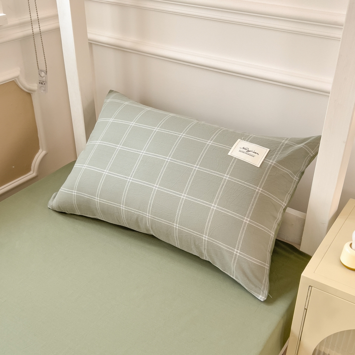 91家纺网 家纺一手货源 找家纺 梵克保罗 2025春夏新款水洗棉学生宿舍床单款床笠款三件套六件套大礼包学生季 格韵绿