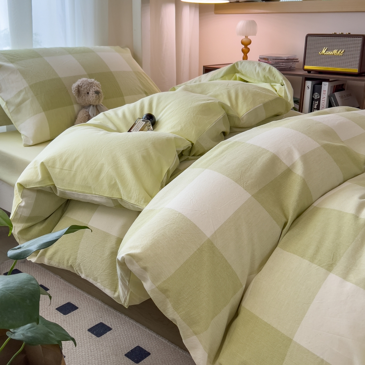 91家纺网 家纺一手货源 找家纺 梵克保罗 2025春夏新款水洗棉学生宿舍床单款床笠款三件套六件套大礼包学生季 清雅中格