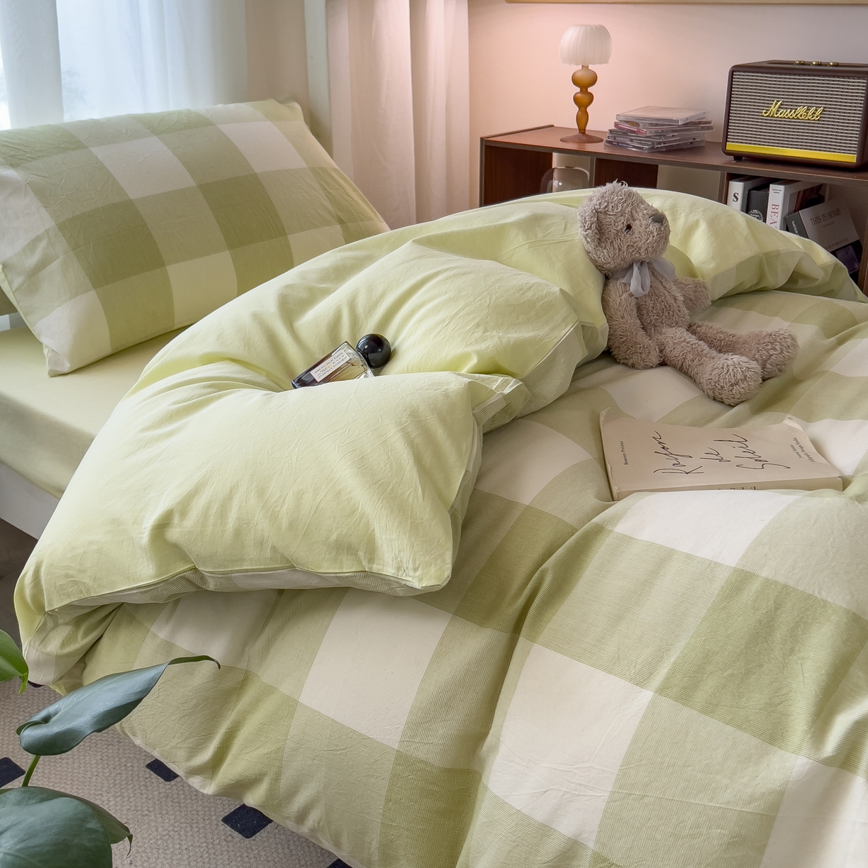 91家纺网 家纺一手货源 找家纺 梵克保罗 2025春夏新款水洗棉学生宿舍床单款床笠款三件套六件套大礼包学生季 清雅中格