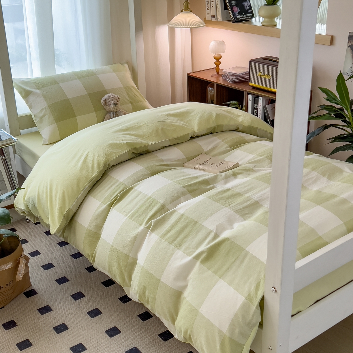 91家纺网 家纺一手货源 找家纺 梵克保罗 2025春夏新款水洗棉学生宿舍床单款床笠款三件套六件套大礼包学生季 清雅中格