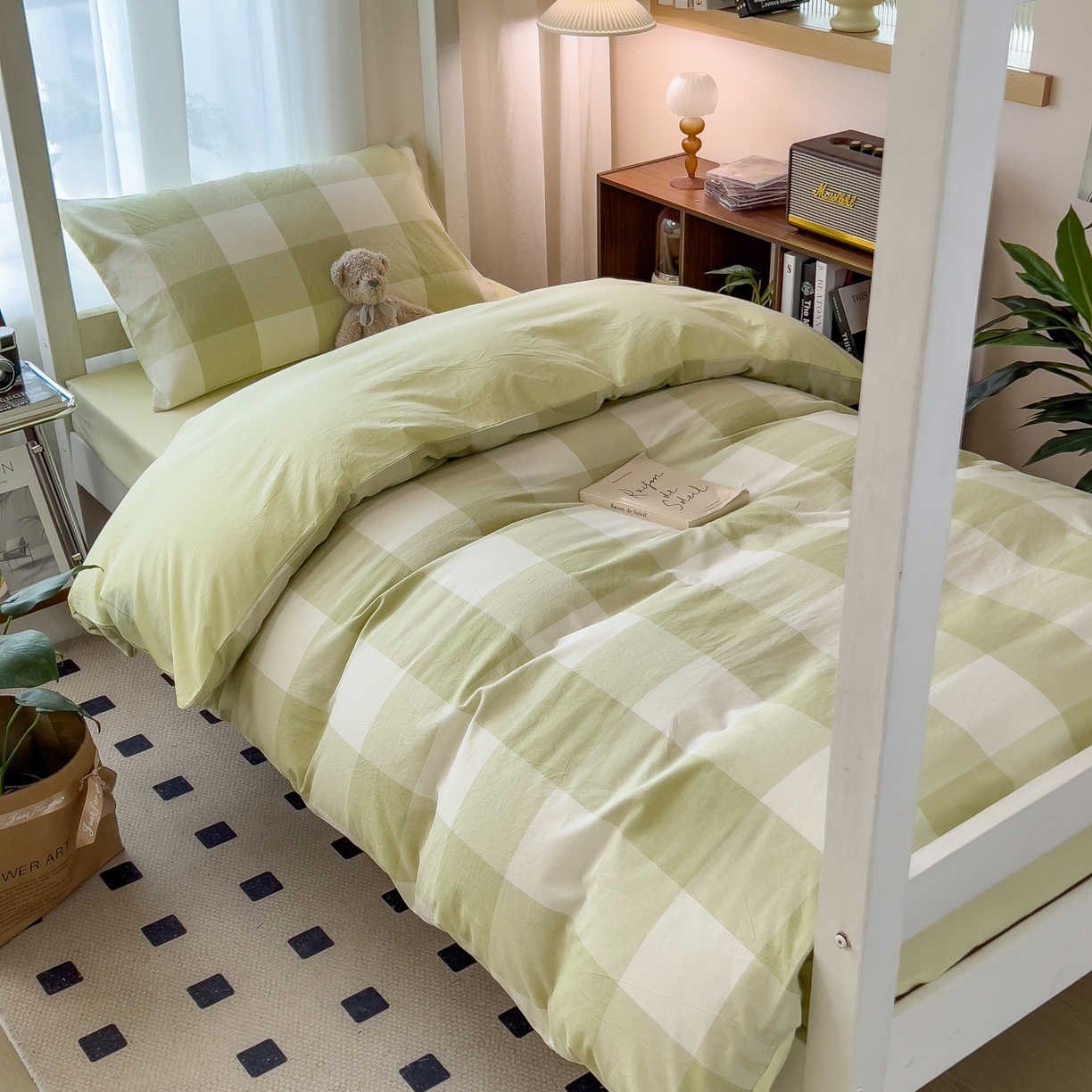 91家纺网 家纺一手货源 找家纺 梵克保罗 2025春夏新款水洗棉学生宿舍床单款床笠款三件套六件套大礼包学生季 清雅中格