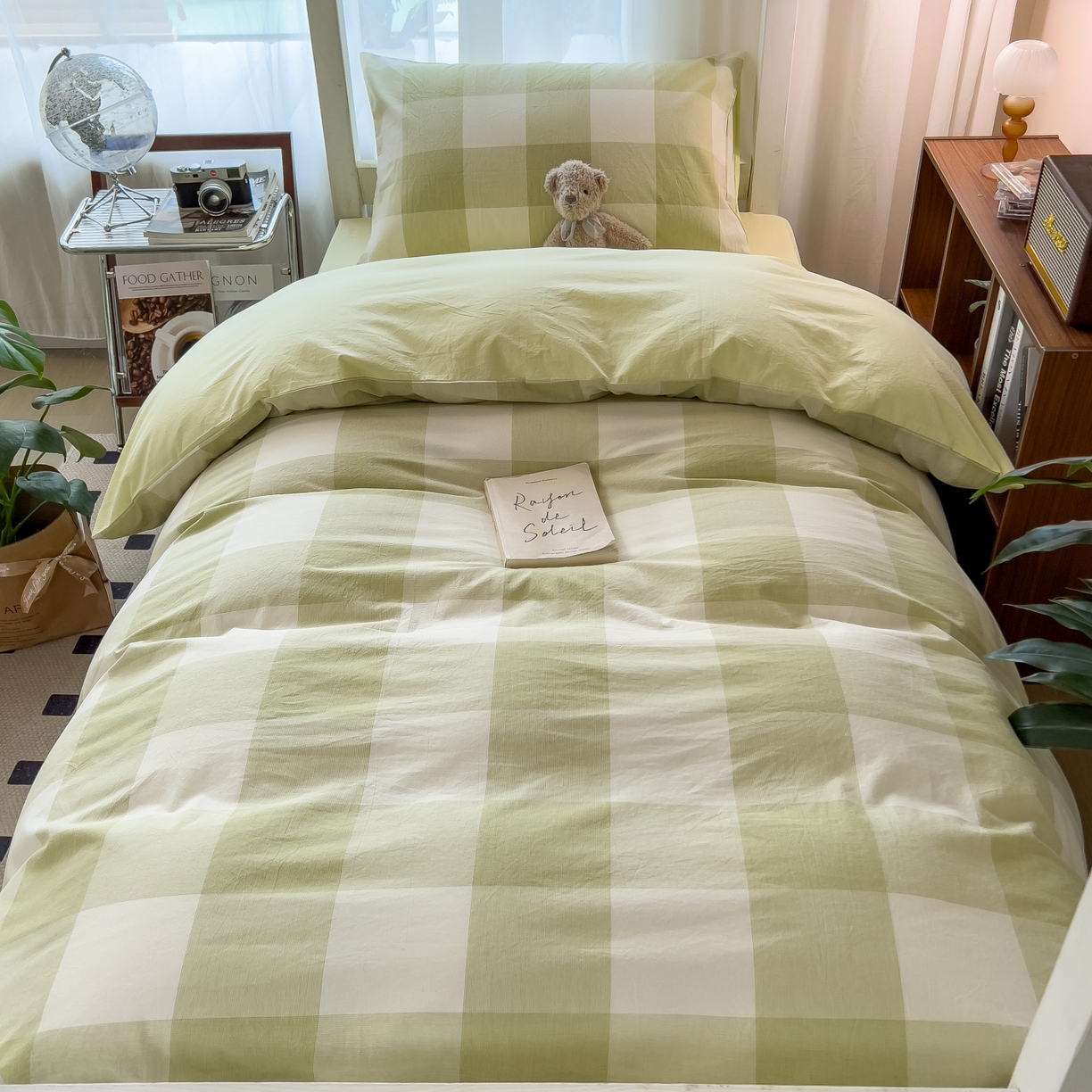 91家纺网 家纺一手货源 找家纺 梵克保罗 2025春夏新款水洗棉学生宿舍床单款床笠款三件套六件套大礼包学生季 清雅中格