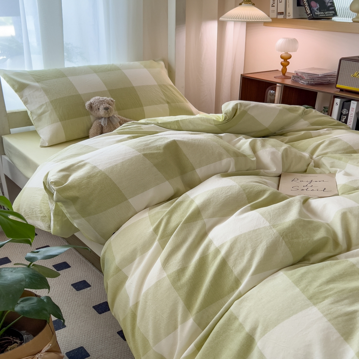 91家纺网 家纺一手货源 找家纺 梵克保罗 2025春夏新款水洗棉学生宿舍床单款床笠款三件套六件套大礼包学生季 清雅中格