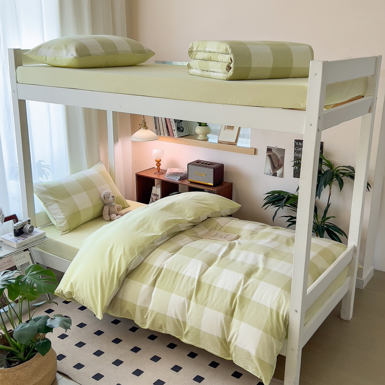 91家纺网 家纺一手货源 找家纺 梵克保罗 2025春夏新款水洗棉学生宿舍床单款床笠款三件套六件套大礼包学生季 清雅中格