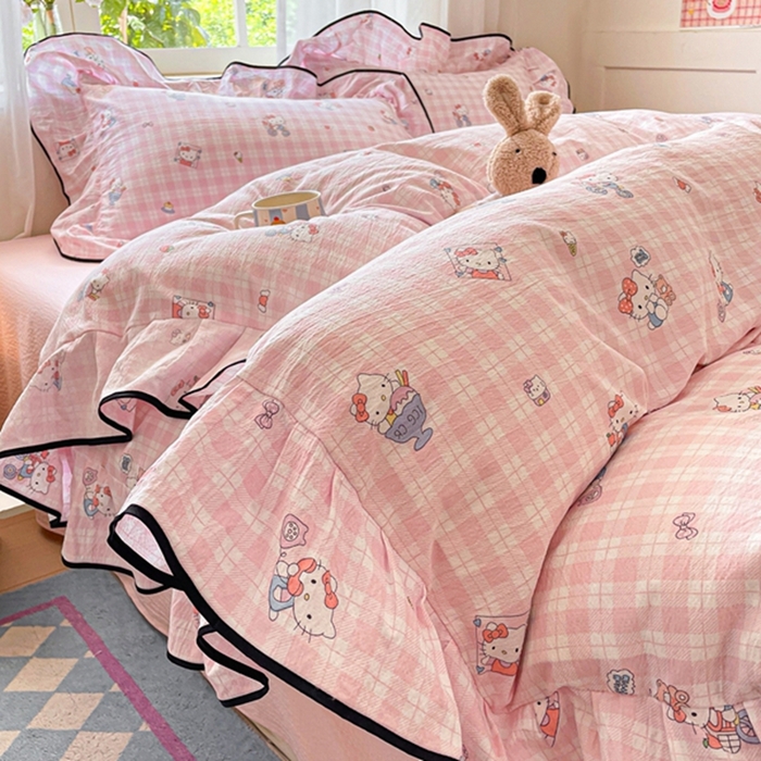 91家纺网 家纺一手货源 找家纺 （总）海岛哥哥 2025新款韩式ins风黑边花边木棉双层纱四件套（有买家秀）