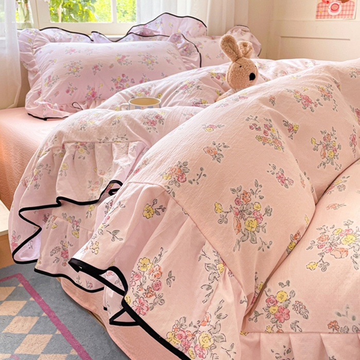 91家纺网 家纺一手货源 找家纺 （总）海岛哥哥 2025新款韩式ins风黑边花边木棉双层纱四件套（有买家秀）