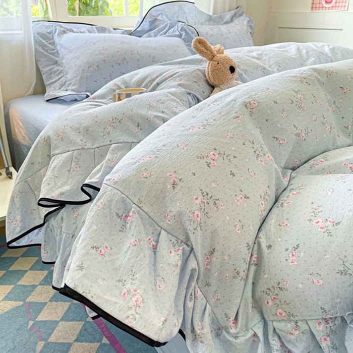 91家纺网 家纺一手货源 找家纺 （总）海岛哥哥 2025新款韩式ins风黑边花边木棉双层纱四件套（有买家秀）