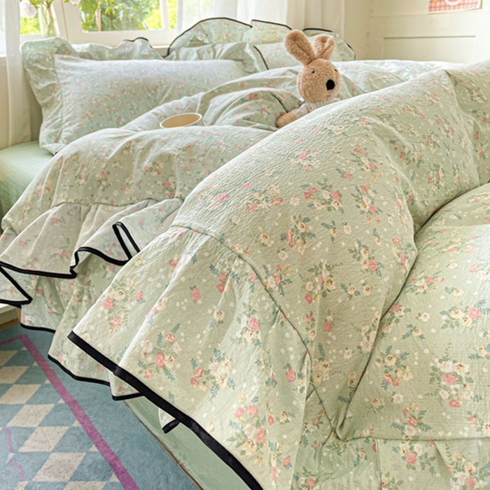 91家纺网 家纺一手货源 找家纺 （总）海岛哥哥 2025新款韩式ins风黑边花边木棉双层纱四件套（有买家秀）