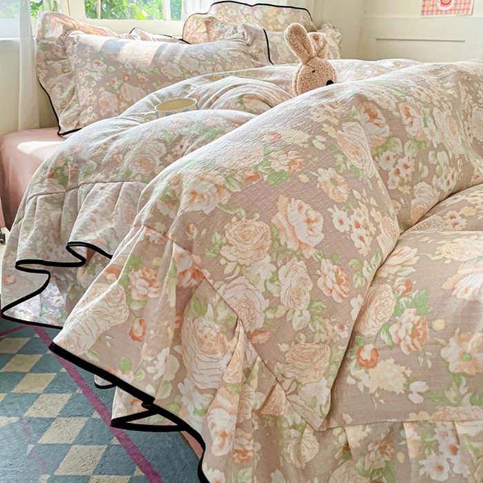 91家纺网 家纺一手货源 找家纺 （总）海岛哥哥 2025新款韩式ins风黑边花边木棉双层纱四件套（有买家秀）