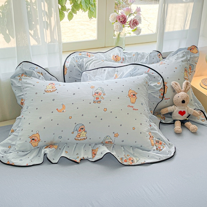 91家纺网 家纺一手货源 找家纺 海岛哥哥 2025新款韩式ins风黑边花边木棉双层纱四件套（有买家秀） 黑花边-萌萌星星人-蓝