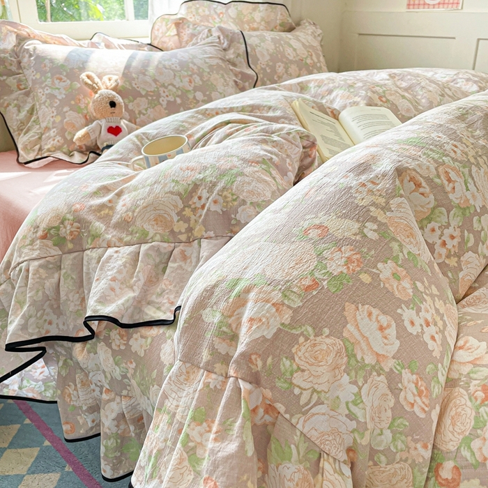 91家纺网 家纺一手货源 找家纺 海岛哥哥 2025新款韩式ins风黑边花边木棉双层纱四件套（有买家秀） 黑花边-牡丹