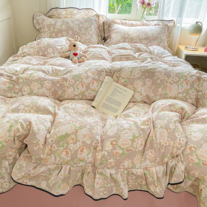 91家纺网 家纺一手货源 找家纺 海岛哥哥 2025新款韩式ins风黑边花边木棉双层纱四件套（有买家秀） 黑花边-牡丹