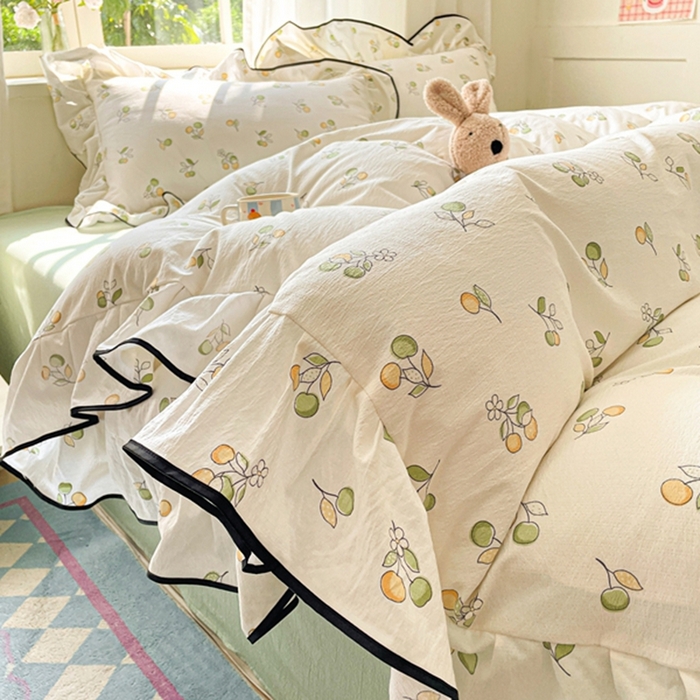 海岛哥哥 2025新款韩式ins风黑边花边木棉双层纱四件套（有买家秀） 黑花边-盛夏果实