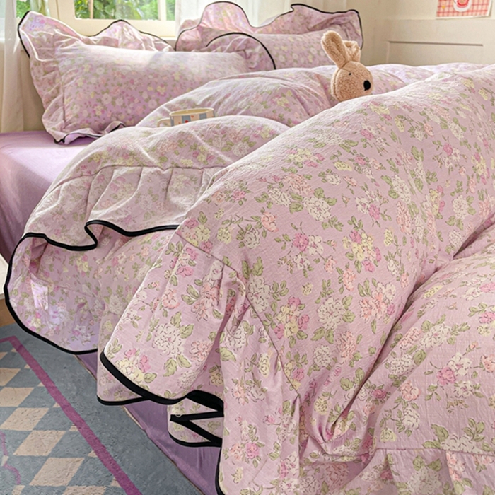 海岛哥哥 2025新款韩式ins风黑边花边木棉双层纱四件套（有买家秀） 黑花边-芍药-紫