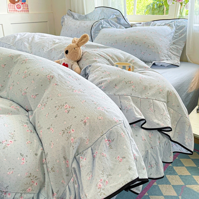 91家纺网 家纺一手货源 找家纺 （总）海岛哥哥 2025新款韩式ins风黑边花边木棉双层纱四件套（有买家秀）