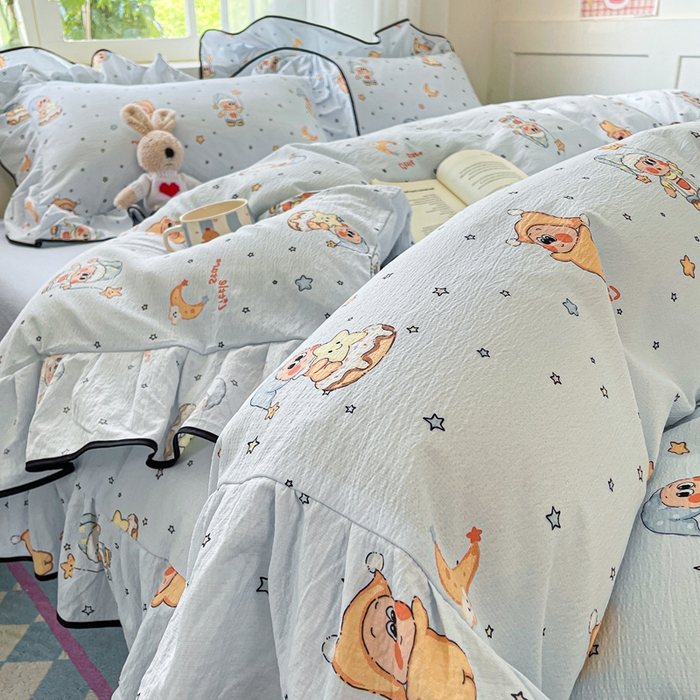 91家纺网 家纺一手货源 找家纺 海岛哥哥 2025新款韩式ins风黑边花边木棉双层纱四件套（有买家秀） 黑花边-萌萌星星人-蓝