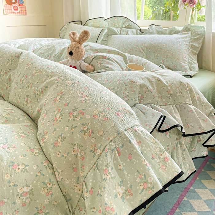 91家纺网 家纺一手货源 找家纺 海岛哥哥 2025新款韩式ins风黑边花边木棉双层纱四件套（有买家秀） 黑花边-栀子-绿