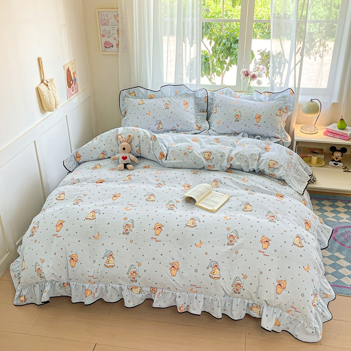 91家纺网 家纺一手货源 找家纺 海岛哥哥 2025新款韩式ins风黑边花边木棉双层纱四件套（有买家秀） 黑花边-萌萌星星人-蓝