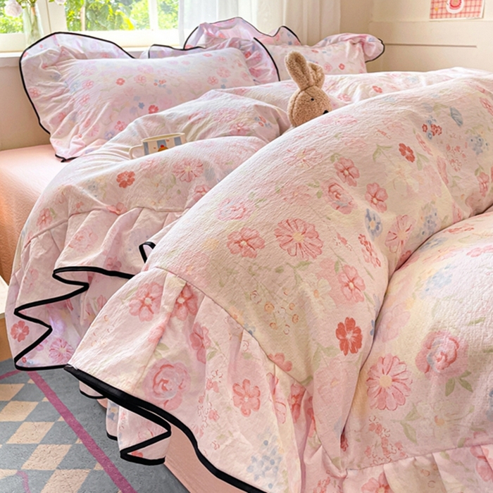 海岛哥哥 2025新款韩式ins风黑边花边木棉双层纱四件套（有买家秀） 黑花边-花梦源-粉