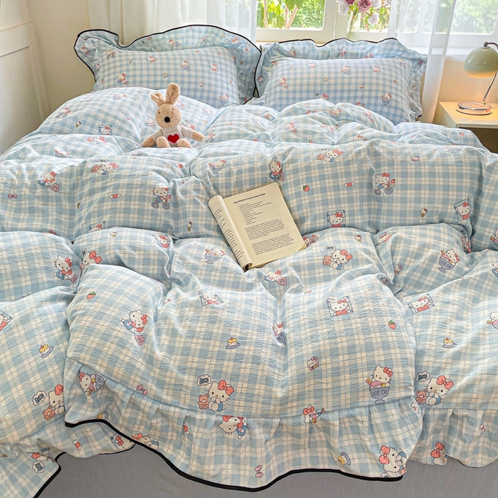 91家纺网 家纺一手货源 找家纺 海岛哥哥 2025新款韩式ins风黑边花边木棉双层纱四件套（有买家秀） 黑花边-甜蜜电话-蓝