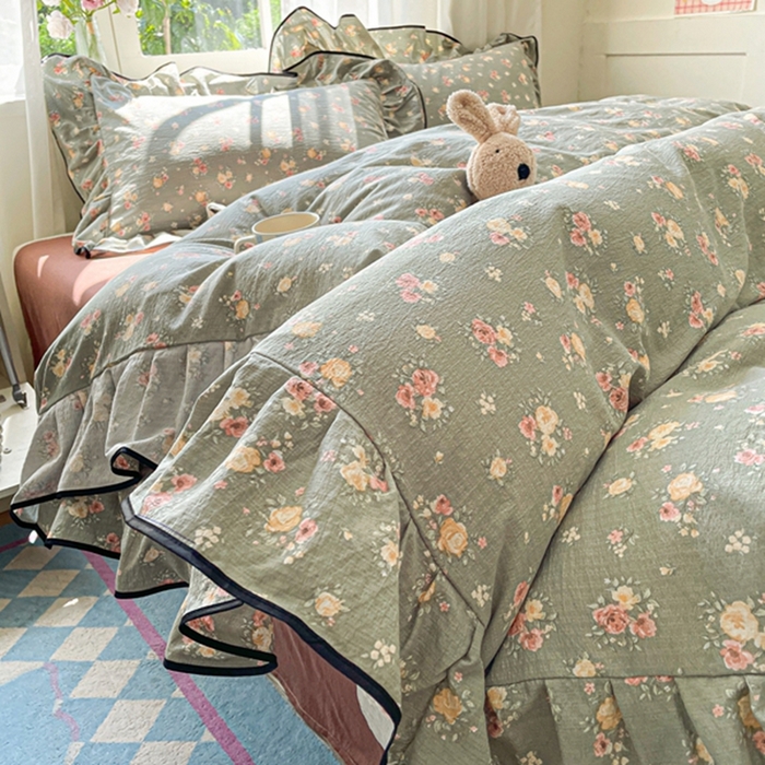 海岛哥哥 2025新款韩式ins风黑边花边木棉双层纱四件套（有买家秀） 黑花边-玫瑰花海-墨绿