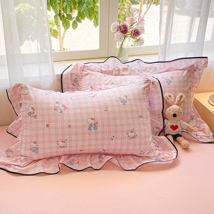 91家纺网 家纺一手货源 找家纺 海岛哥哥 2025新款韩式ins风黑边花边木棉双层纱四件套（有买家秀） 黑花边-甜蜜电话-粉