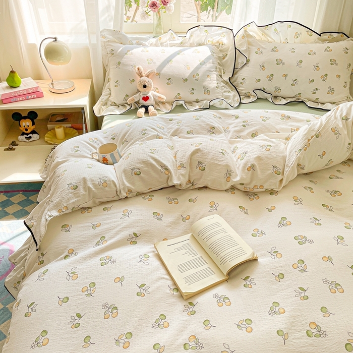 91家纺网 家纺一手货源 找家纺 海岛哥哥 2025新款韩式ins风黑边花边木棉双层纱四件套（有买家秀） 黑花边-盛夏果实