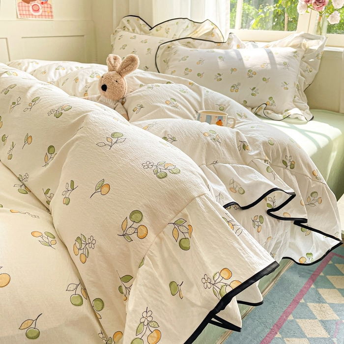 91家纺网 家纺一手货源 找家纺 海岛哥哥 2025新款韩式ins风黑边花边木棉双层纱四件套（有买家秀） 黑花边-盛夏果实