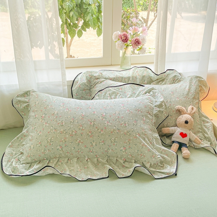 91家纺网 家纺一手货源 找家纺 海岛哥哥 2025新款韩式ins风黑边花边木棉双层纱四件套（有买家秀） 黑花边-栀子-绿