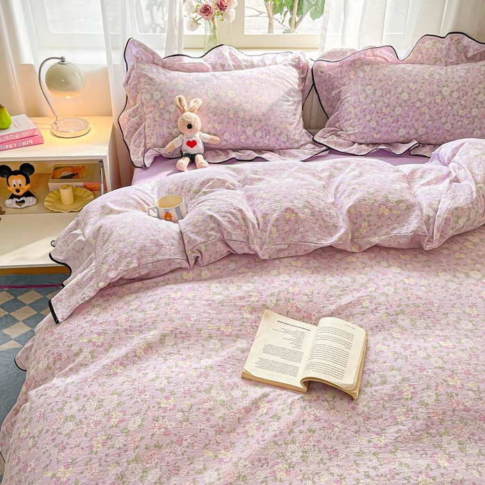 91家纺网 家纺一手货源 找家纺 海岛哥哥 2025新款韩式ins风黑边花边木棉双层纱四件套（有买家秀） 黑花边-芍药-紫