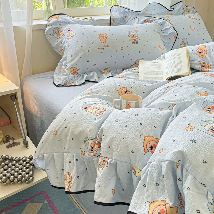 91家纺网 家纺一手货源 找家纺 海岛哥哥 2025新款韩式ins风黑边花边木棉双层纱四件套（有买家秀） 黑花边-萌萌星星人-蓝