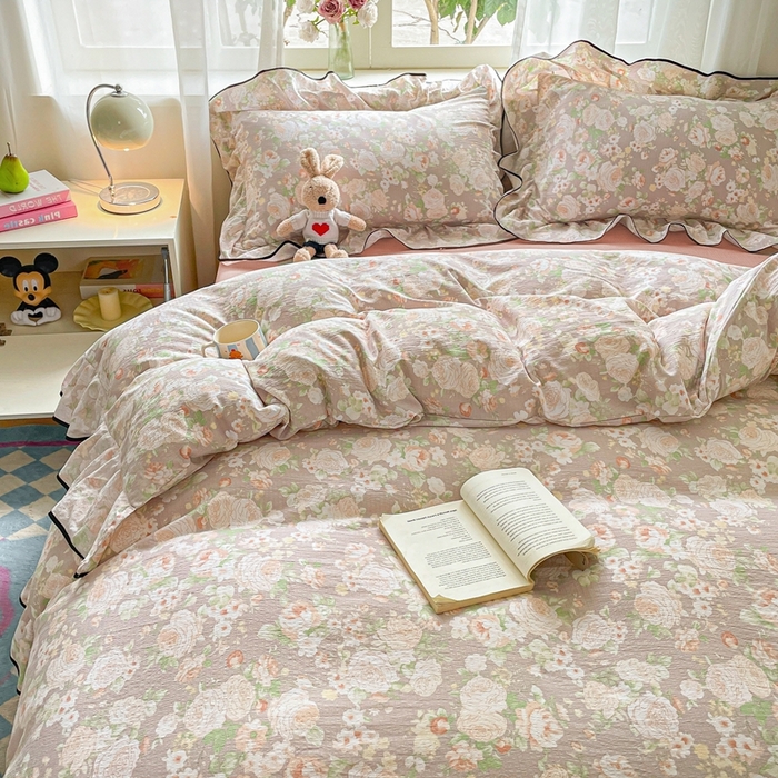 91家纺网 家纺一手货源 找家纺 海岛哥哥 2025新款韩式ins风黑边花边木棉双层纱四件套（有买家秀） 黑花边-牡丹