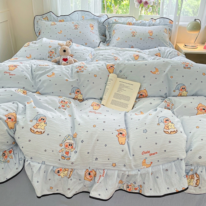 91家纺网 家纺一手货源 找家纺 海岛哥哥 2025新款韩式ins风黑边花边木棉双层纱四件套（有买家秀） 黑花边-萌萌星星人-蓝