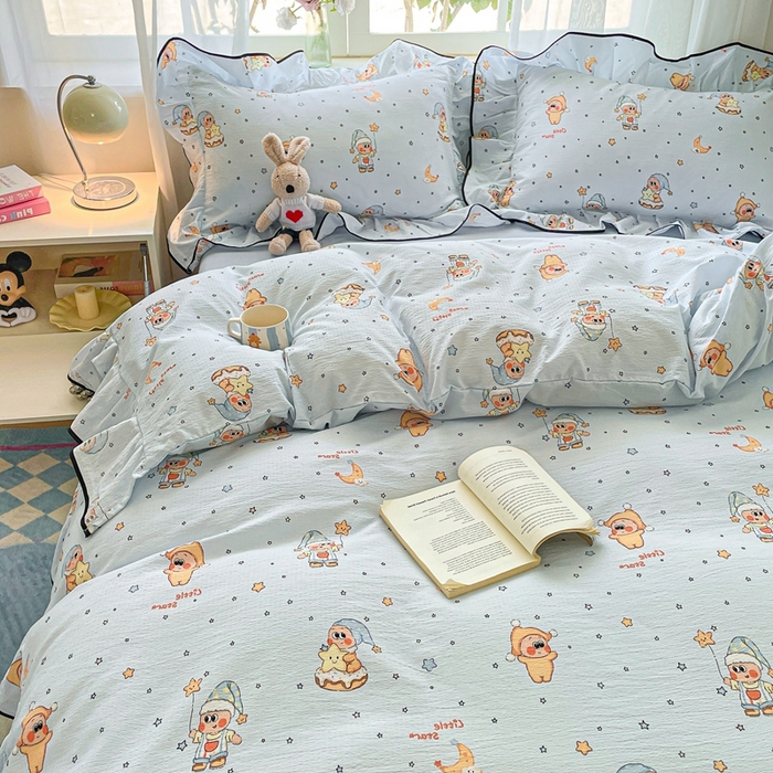 91家纺网 家纺一手货源 找家纺 海岛哥哥 2025新款韩式ins风黑边花边木棉双层纱四件套（有买家秀） 黑花边-萌萌星星人-蓝