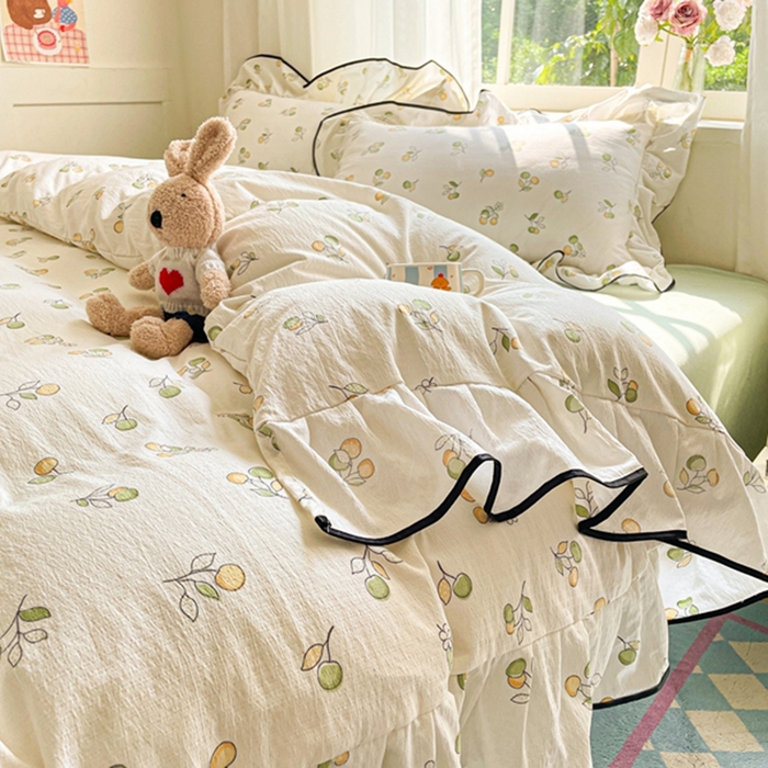 91家纺网 家纺一手货源 找家纺 海岛哥哥 2025新款韩式ins风黑边花边木棉双层纱四件套（有买家秀） 黑花边-盛夏果实