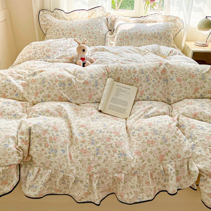 91家纺网 家纺一手货源 找家纺 海岛哥哥 2025新款韩式ins风黑边花边木棉双层纱四件套（有买家秀） 黑花边-芍药-米