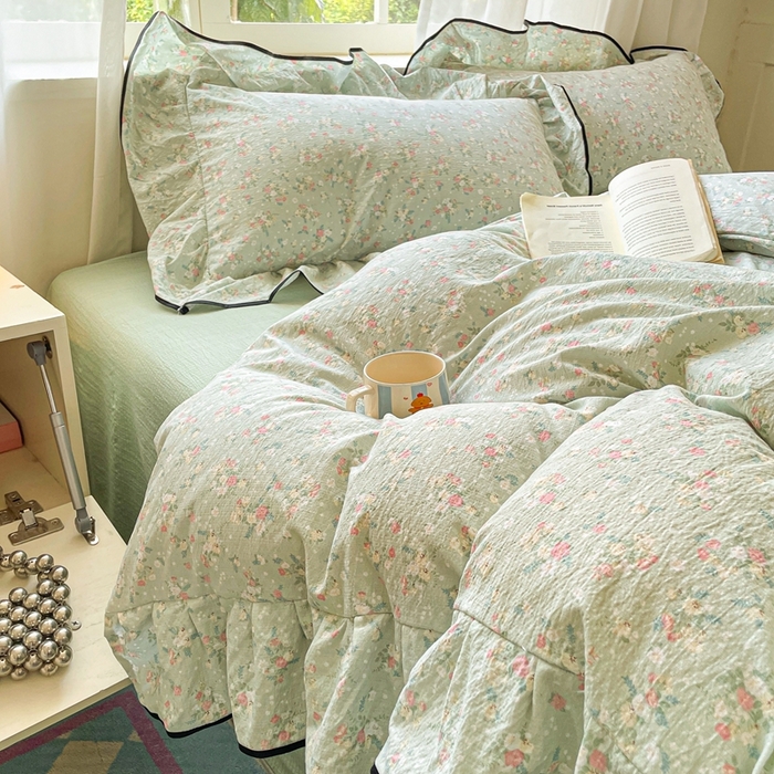 91家纺网 家纺一手货源 找家纺 海岛哥哥 2025新款韩式ins风黑边花边木棉双层纱四件套（有买家秀） 黑花边-栀子-绿