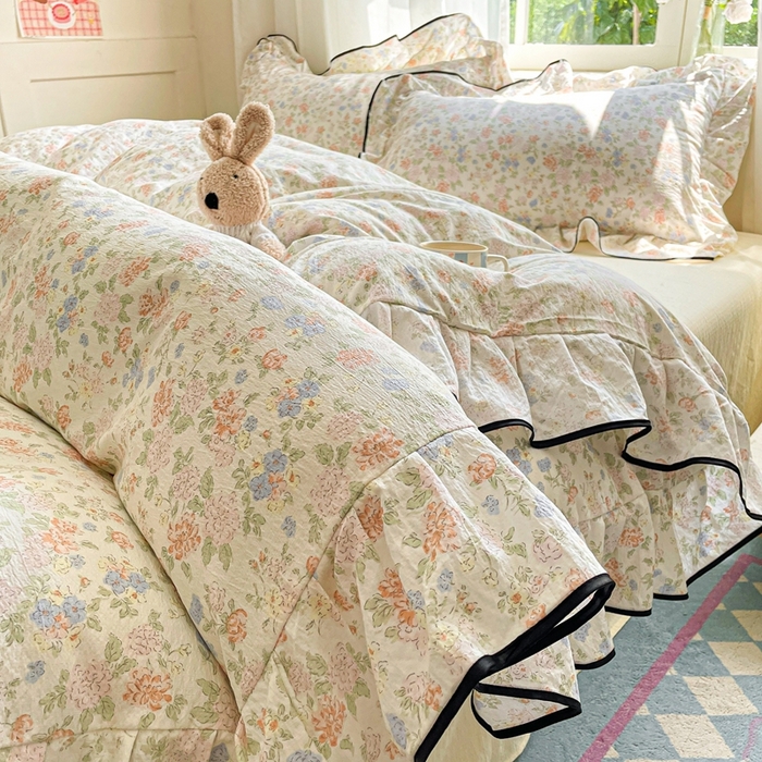 91家纺网 家纺一手货源 找家纺 海岛哥哥 2025新款韩式ins风黑边花边木棉双层纱四件套（有买家秀） 黑花边-芍药-米