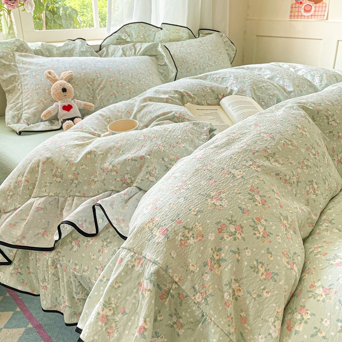 91家纺网 家纺一手货源 找家纺 海岛哥哥 2025新款韩式ins风黑边花边木棉双层纱四件套（有买家秀） 黑花边-栀子-绿