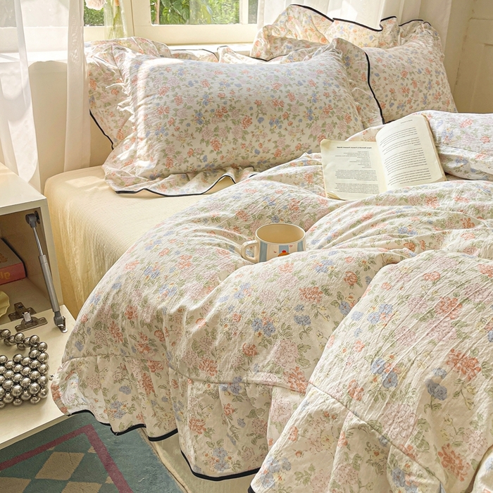 91家纺网 家纺一手货源 找家纺 海岛哥哥 2025新款韩式ins风黑边花边木棉双层纱四件套（有买家秀） 黑花边-芍药-米