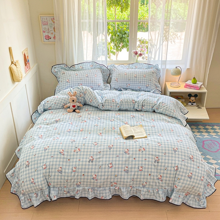 91家纺网 家纺一手货源 找家纺 海岛哥哥 2025新款韩式ins风黑边花边木棉双层纱四件套（有买家秀） 黑花边-甜蜜电话-蓝