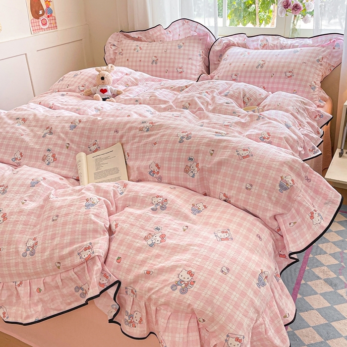 91家纺网 家纺一手货源 找家纺 海岛哥哥 2025新款韩式ins风黑边花边木棉双层纱四件套（有买家秀） 黑花边-甜蜜电话-粉