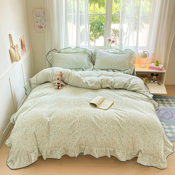 91家纺网 家纺一手货源 找家纺 海岛哥哥 2025新款韩式ins风黑边花边木棉双层纱四件套（有买家秀） 黑花边-栀子-绿