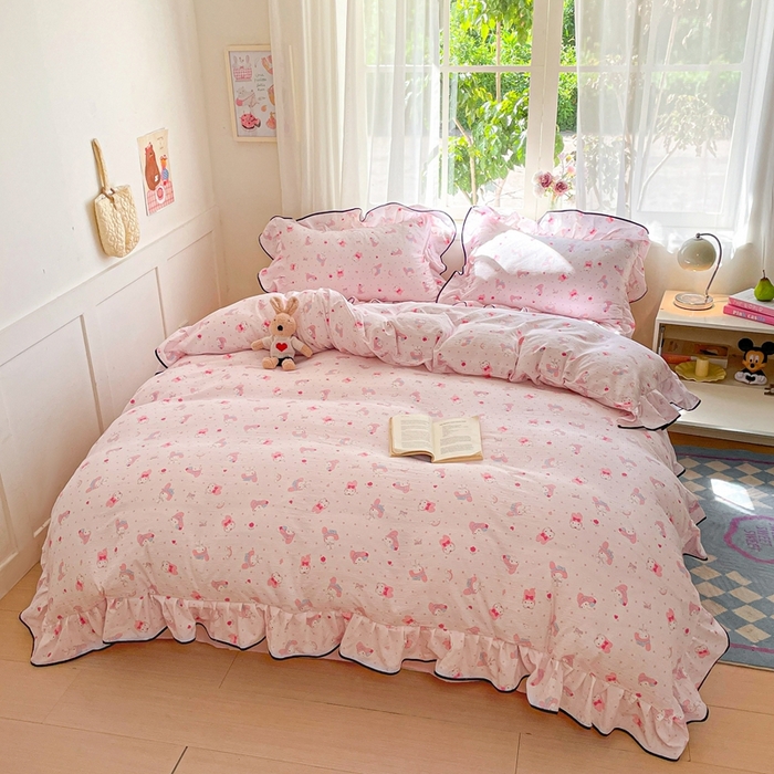 91家纺网 家纺一手货源 找家纺 海岛哥哥 2025新款韩式ins风黑边花边木棉双层纱四件套（有买家秀） 黑花边-顽皮乐乐